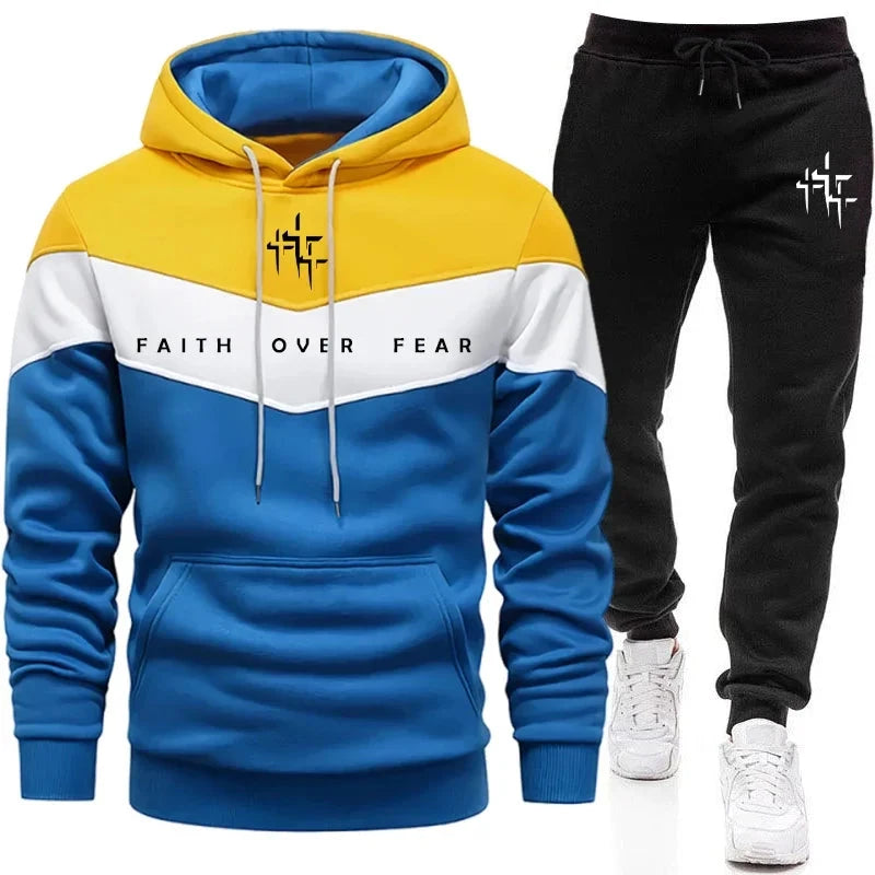 Faith Over Fear Men's Tracksuit Hooded Sweatshirt and Jogger Pants Urban Fashion Hoodies Outfits Autumn Winter Casual Sportswear by Creative Vault Marketplace