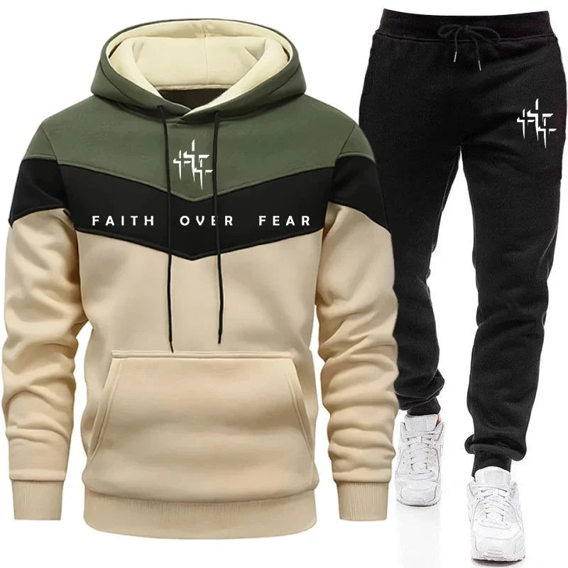 Faith Over Fear Men's Tracksuit Hooded Sweatshirt and Jogger Pants Urban Fashion Hoodies Outfits Autumn Winter Casual Sportswear by Creative Vault Marketplace