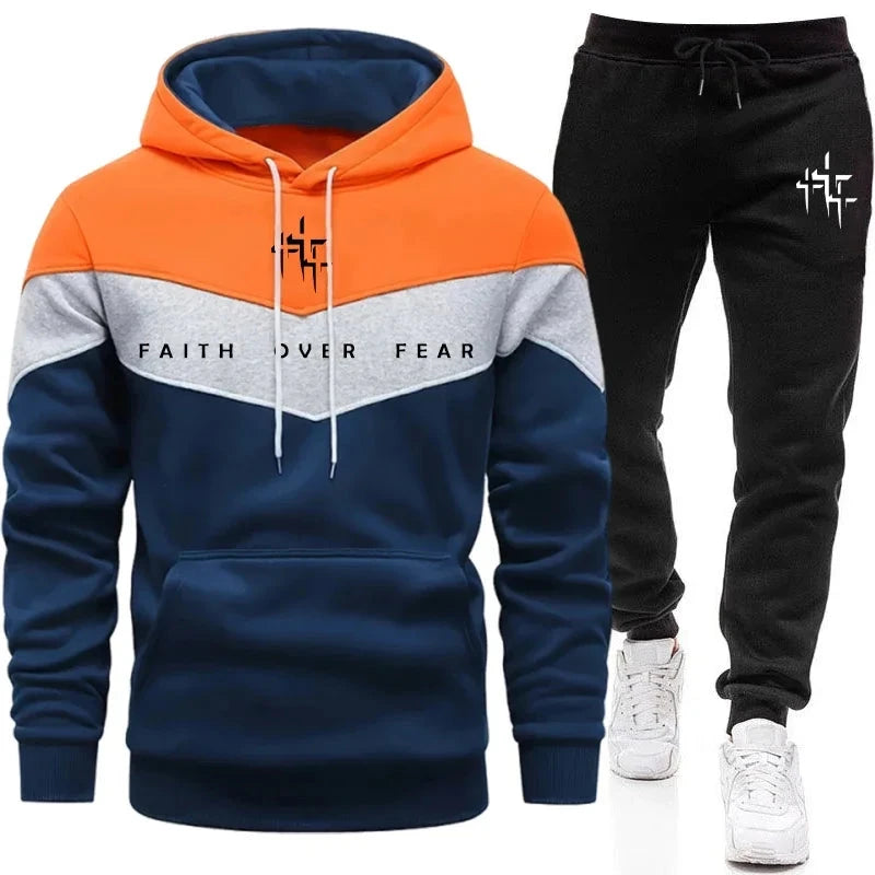 Faith Over Fear Men's Tracksuit Hooded Sweatshirt and Jogger Pants Urban Fashion Hoodies Outfits Autumn Winter Casual Sportswear by Creative Vault Marketplace