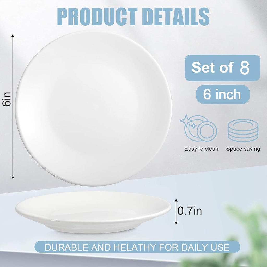 8 Pcs Porcelain Dessert Plates,6 inch White Appetizer Plates,Round Small White Plates,Small Plates for Appetizers,Ceramic Dessert Plate for Cake Snacks,Microwave Oven and Dishwasher Safe by EasyOptionXY