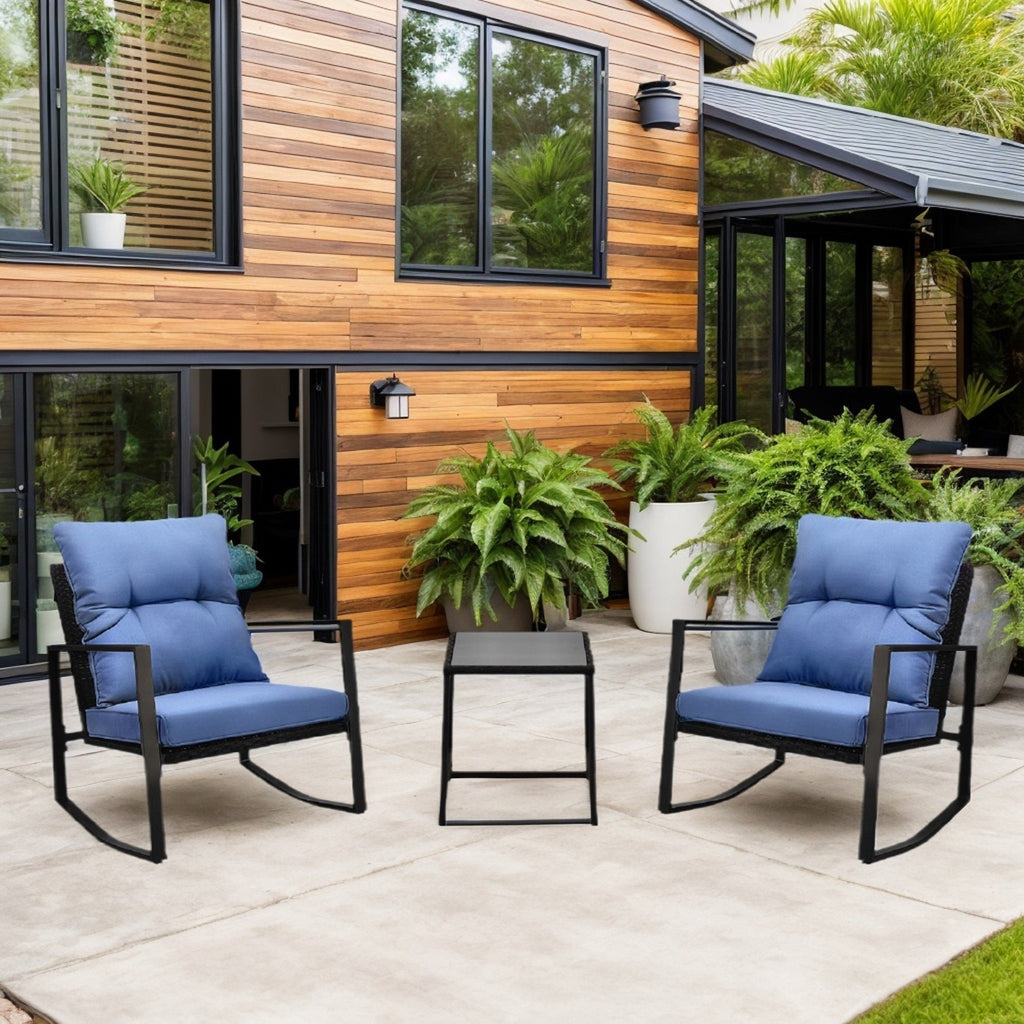 3 Pieces Patio Bistro Set Outdoor Rocking Chair with Blue Cushion for Yard Garden Poolside by HouseOfZazla