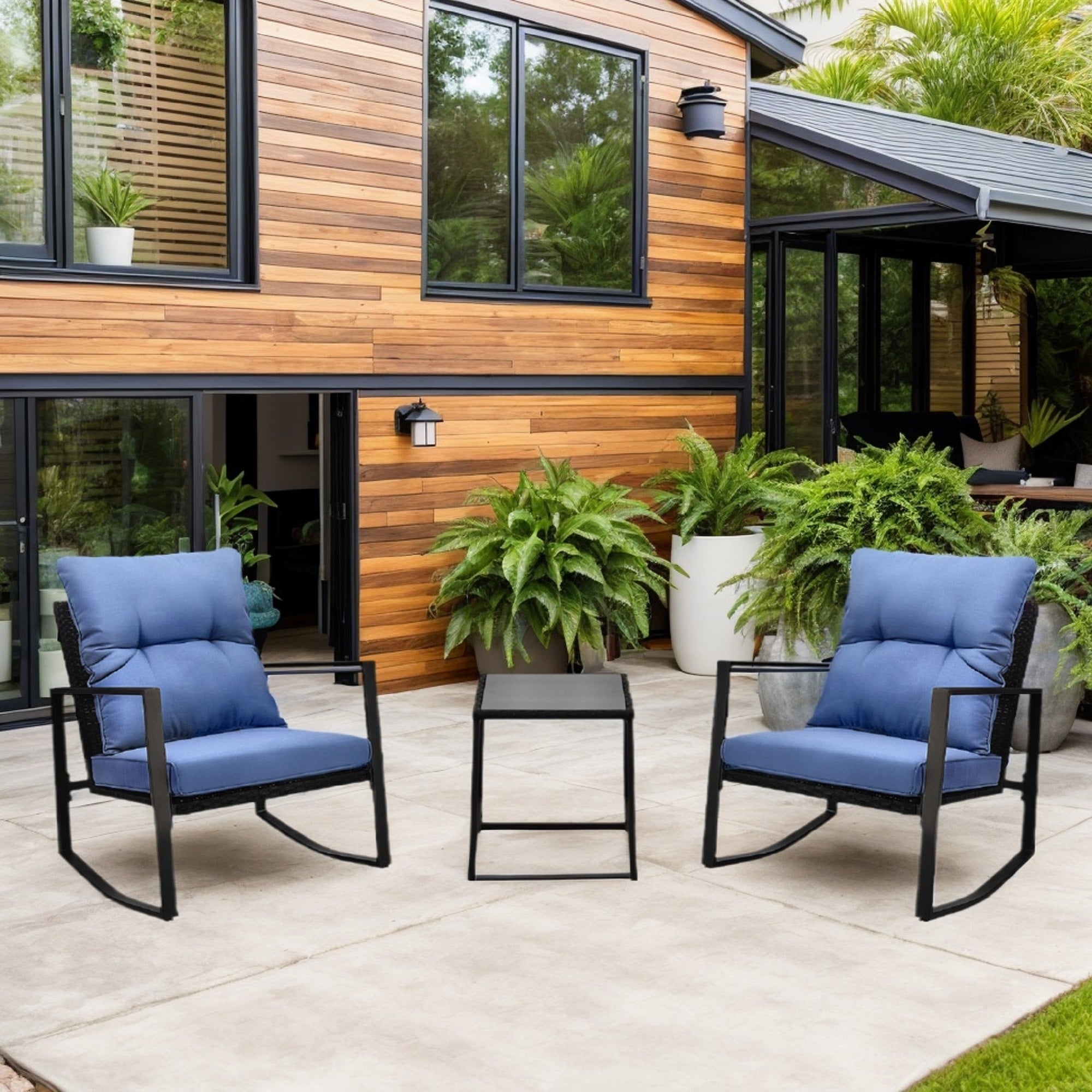 3 Pieces Patio Bistro Set Outdoor Rocking Chair with Blue Cushion for Yard Garden Poolside by HouseOfZazla