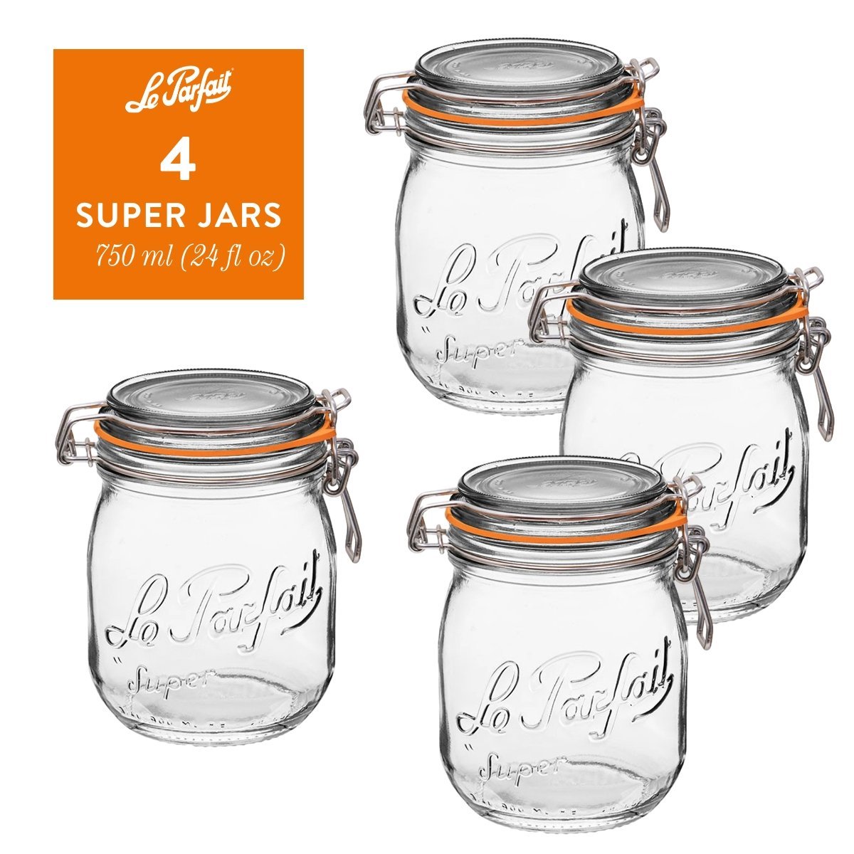 Le Parfait Super Jars, French Glass Canning Jars with Stainless Wire-Bail Clamp Lid by Le Parfait America