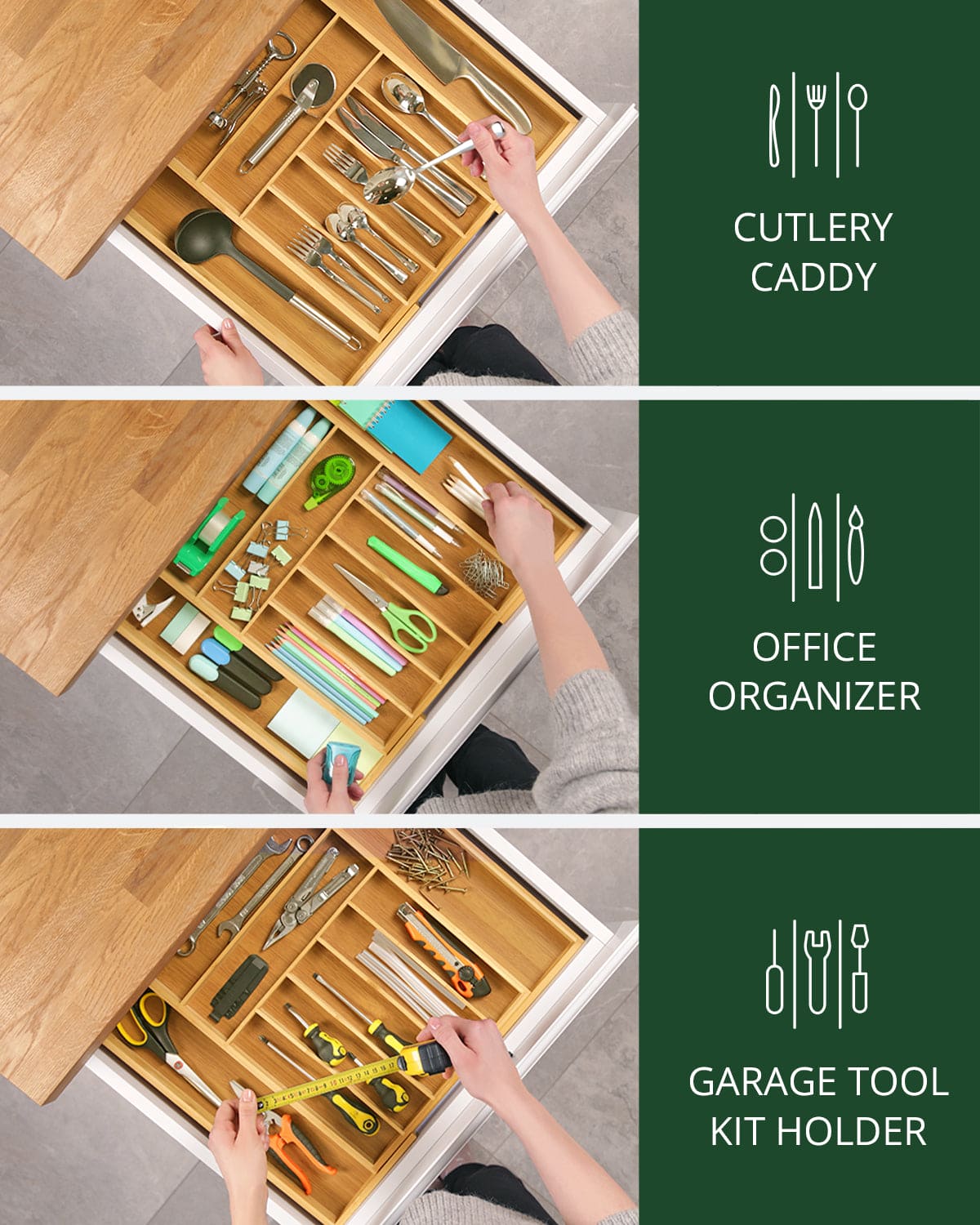 Silverware Drawer Organizer, Natural (9 Slots) by Royal Craft Wood