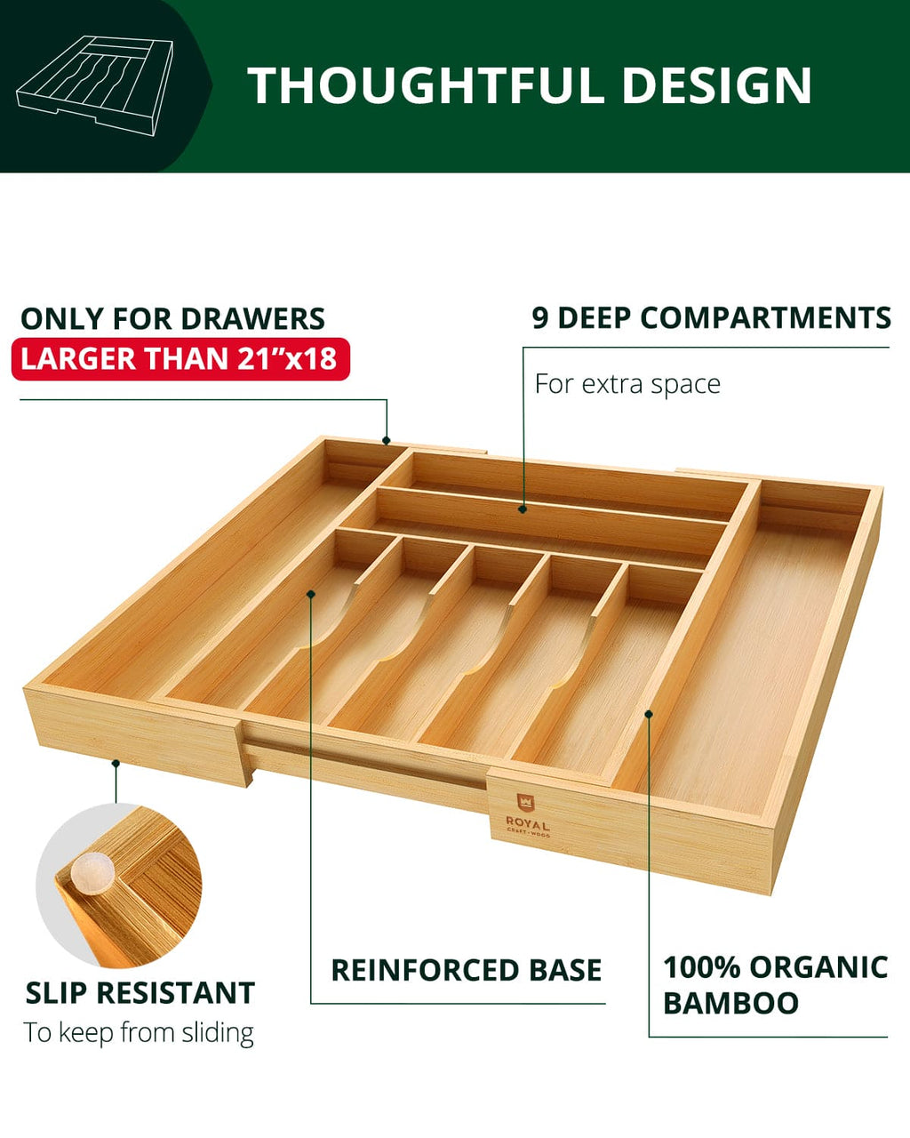 Silverware Drawer Organizer, Natural (9 Slots) by Royal Craft Wood